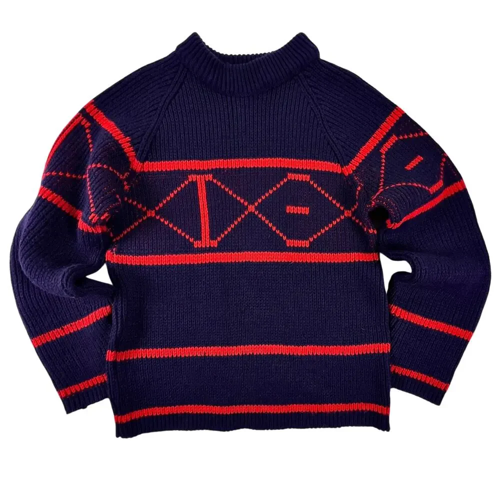 Vintage 60s Sportswear Revere Sweater Men S Navy Red Orlon Geometric Mock Neck